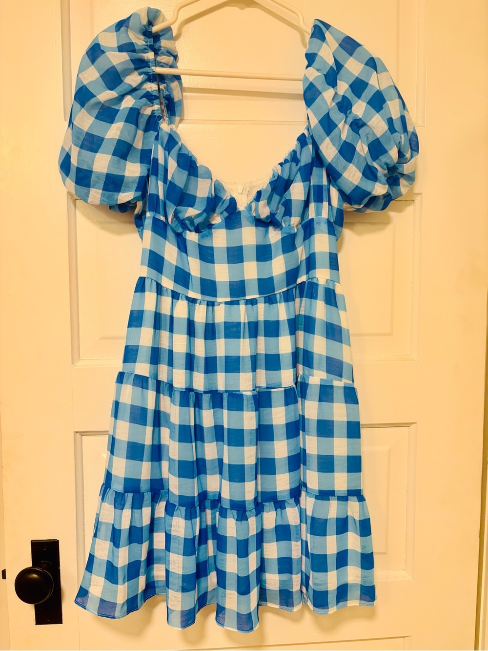Blue Gingham Puff-Sleeve Dress